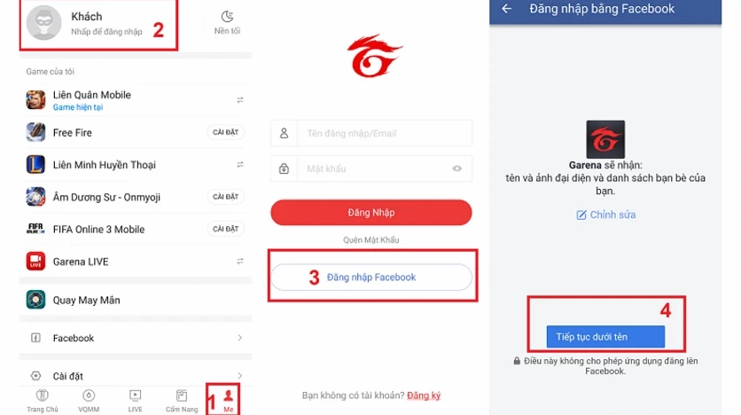 Giao diện lựa chọn đăng nhập Garena thông qua tài khoản Facebook