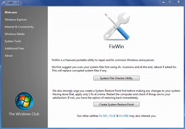 Phần mềm sửa lỗi win 7 tốt nhất hiện nay giúp khắc phục sự cố hiệu quả 2 Giao diện màn hình chính của phần mềm FixWin phiên bản 1.2 hiển thị các tùy chọn sửa lỗi