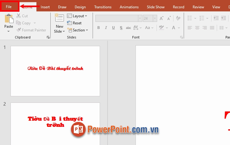 Giao diện menu File trong PowerPoint để truy cập vào phần cài đặt hệ thống
