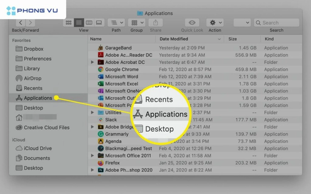 Giao diện mở thư mục quản lý ứng dụng Applications trên Finder của macOS