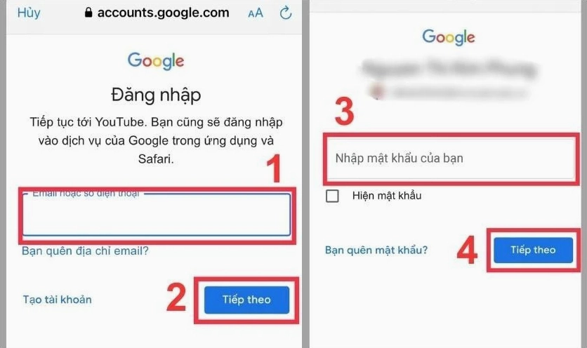 Giao diện nhập địa chỉ email và mật khẩu để đăng nhập tài khoản Google vào ứng dụng