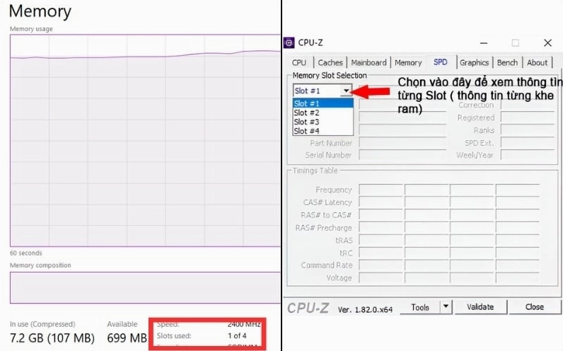 Giao diện phần mềm CPU-Z hiển thị thông tin chi tiết về số lượng khe cắm bộ nhớ hiện có
