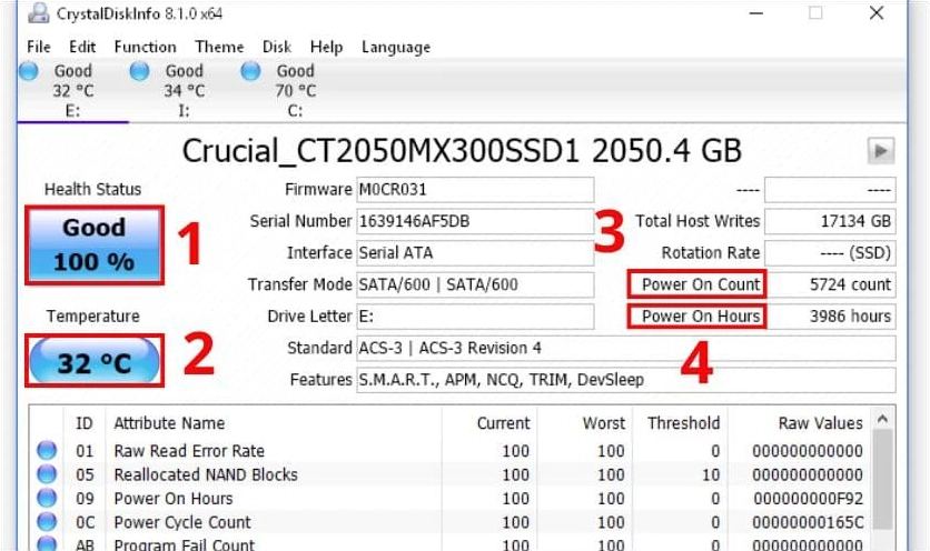 Giao diện phần mềm CrystalDiskInfo hiển thị tình trạng sức khỏe Good và nhiệt độ hoạt động của ổ cứng