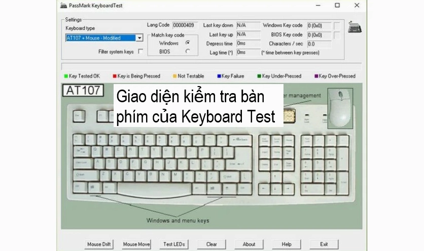 Hướng dẫn chi tiết cách sửa lỗi bàn phím laptop Dell hiệu quả nhất năm 2026 5 Giao diện phần mềm KeyboardTest hiển thị quá trình kiểm tra bàn phím để phát hiện chính xác những vị trí đang bị lỗi không phản hồi