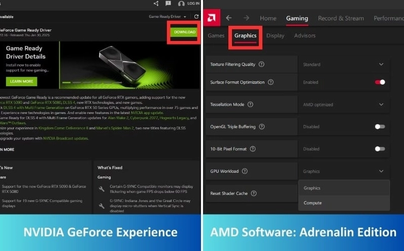Giao diện phần mềm quản lý card đồ họa của hai hãng công nghệ lớn là NVIDIA và AMD