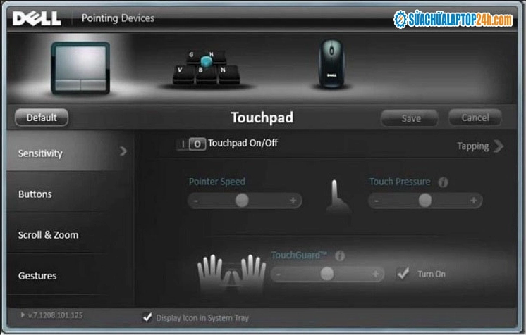 Giao diện phần mềm quản lý của Dell Touchpad với nhiều tùy chọn nâng cao