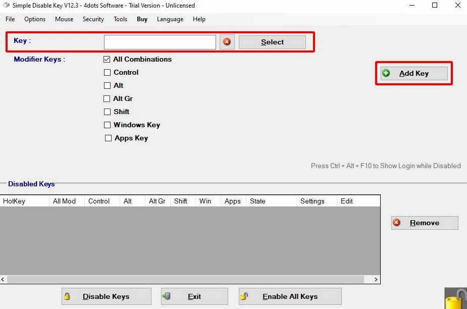 Giao diện phần mềm Simple Disable Key cho phép tùy chỉnh khóa từng phím cụ thể trên bàn phím laptop