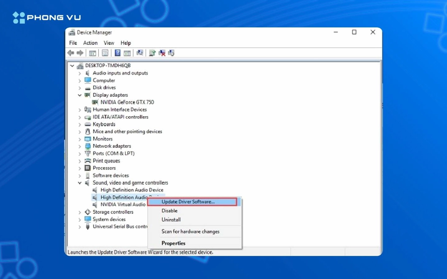 Giao diện quản lý Device Manager với thao tác cập nhật Audio Drivers cho máy tính