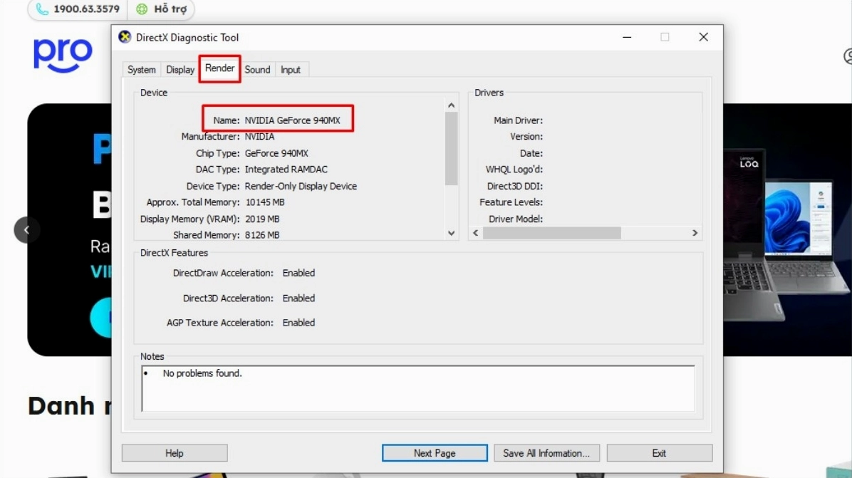 Giao diện tab Render trong công cụ DirectX Diagnostic Tool hiển thị thông tin card rời