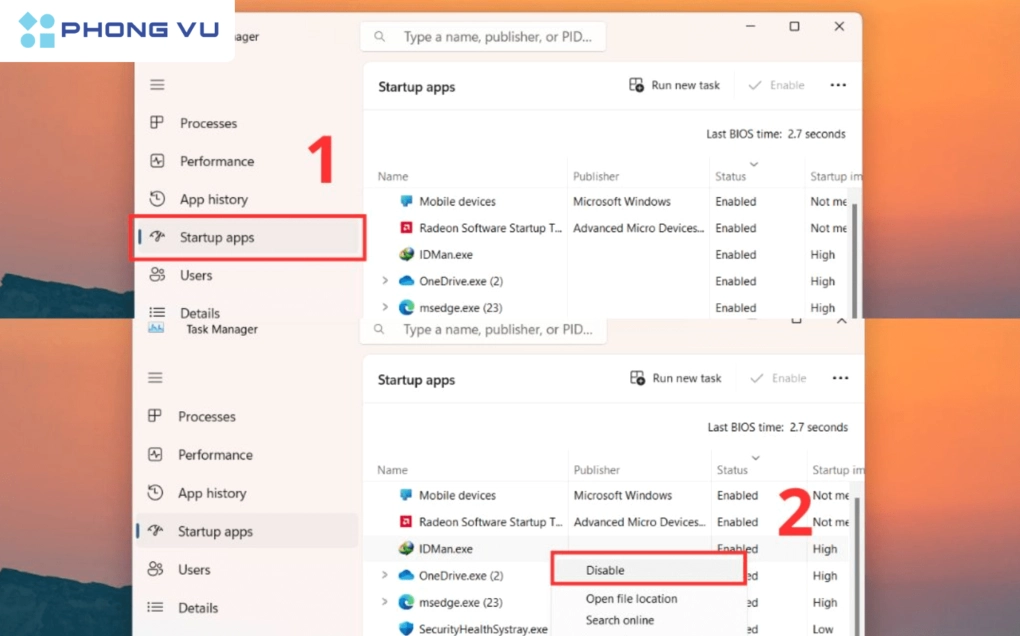 Giao diện tab Startup trong Task Manager hướng dẫn cách vô hiệu hóa ứng dụng