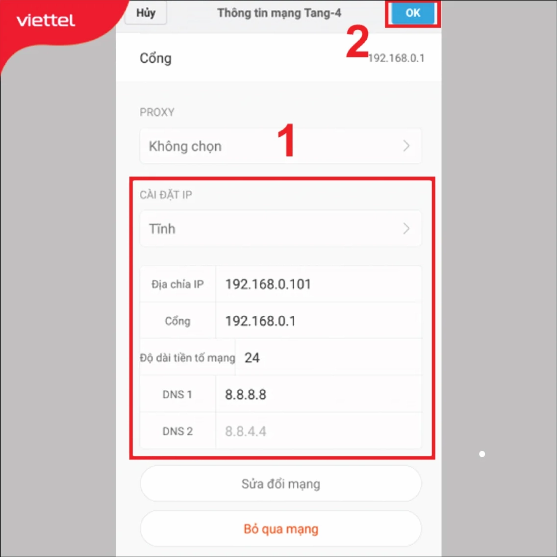 Hướng dẫn sửa lỗi chấm than wifi trên điện thoại và máy tính hiệu quả 3 Giao diện thay đổi địa chỉ IP và dải DNS thủ công trên cài đặt mạng wifi