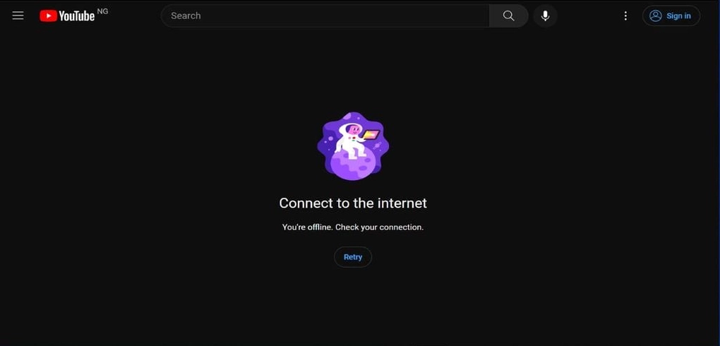 Giao diện thông báo lỗi kết nối mạng khiến YouTube không thể tải dữ liệu