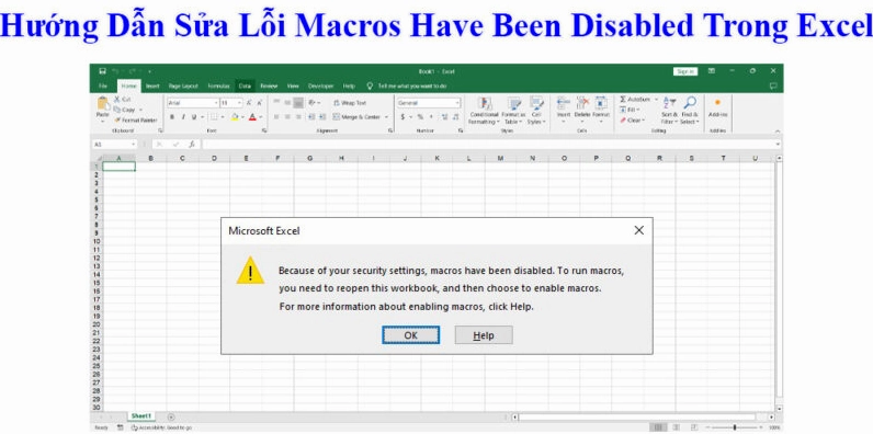 Giao diện thông báo lỗi Macros have been disabled hiển thị trên thanh cảnh báo màu vàng của phần mềm Excel
