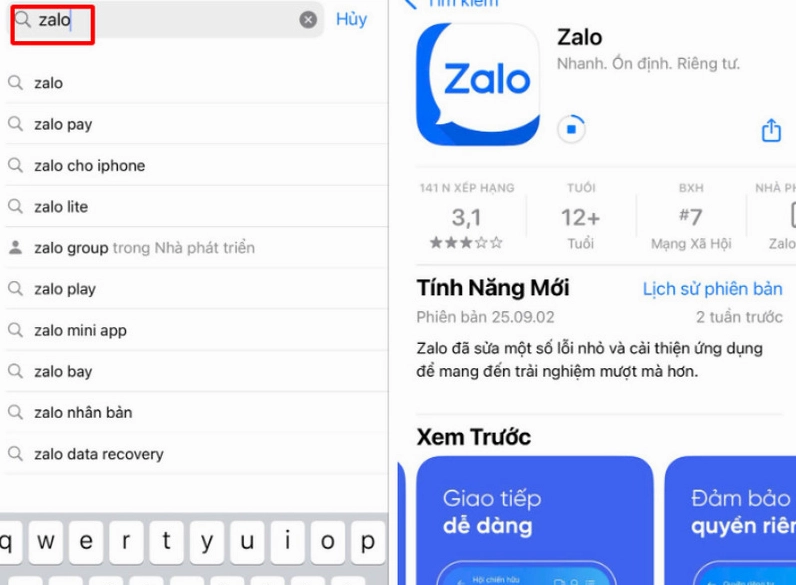 Hướng dẫn chi tiết cách sửa lỗi không đăng nhập được Zalo trên điện thoại 8 Giao diện tìm kiếm ứng dụng Zalo trên kho ứng dụng để tải lại