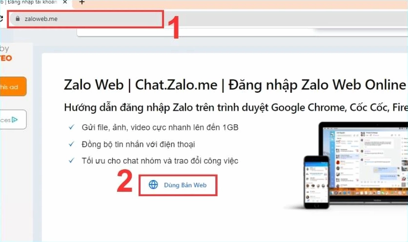 Giao diện trình duyệt khi đổi qua sử dụng Zalo Web để thay thế tạm thời
