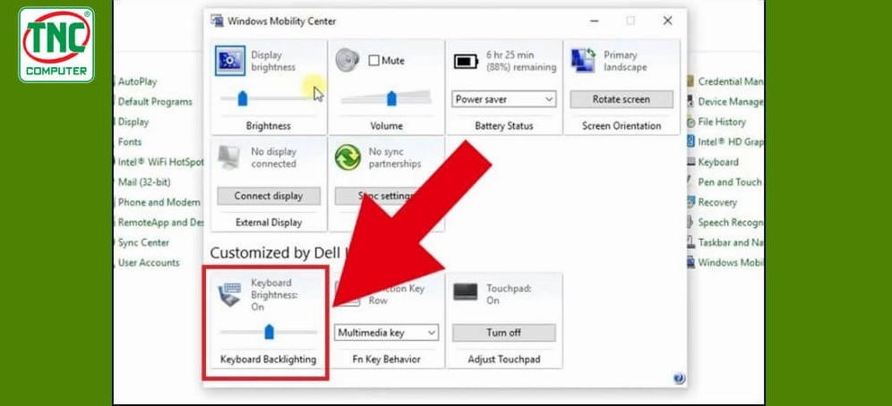 Giao diện trung tâm điều khiển Windows Mobility Center cho phép điều chỉnh độ sáng đèn bàn phím