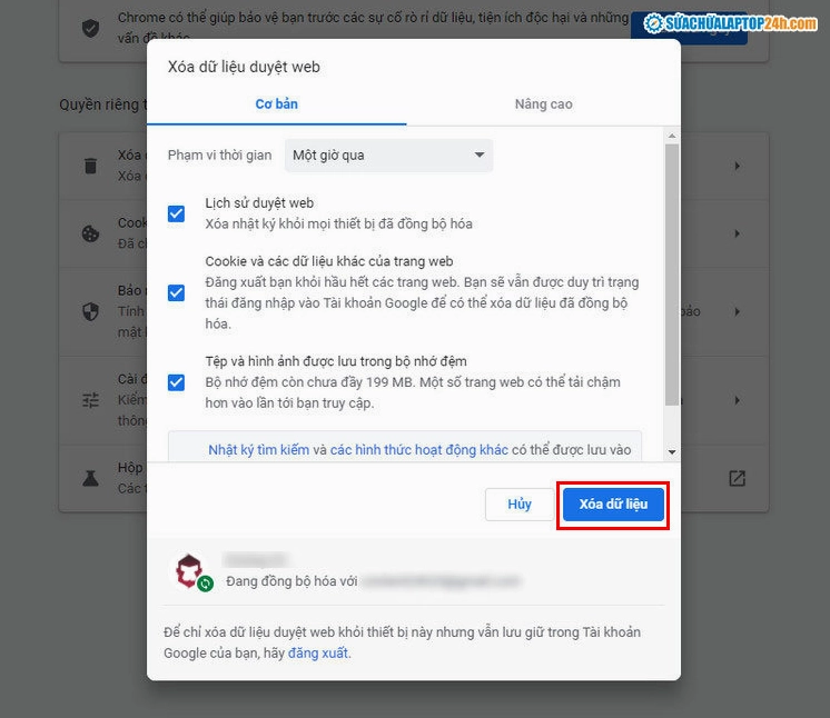 Hướng dẫn chi tiết cách sửa lỗi có mạng nhưng không vào được web trên máy tính 6 Giao diện xóa dữ liệu duyệt web bao gồm lịch sử và bộ nhớ đệm cache