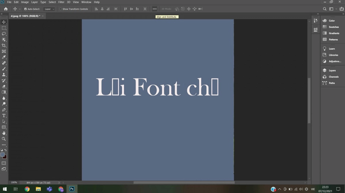 Hình ảnh minh họa tình trạng gõ văn bản bị lỗi font chữ loằng ngoằng trong phần mềm Photoshop