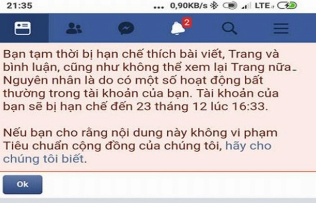Hình ảnh thông báo lỗi chặn tính năng like và share trên ứng dụng Facebook