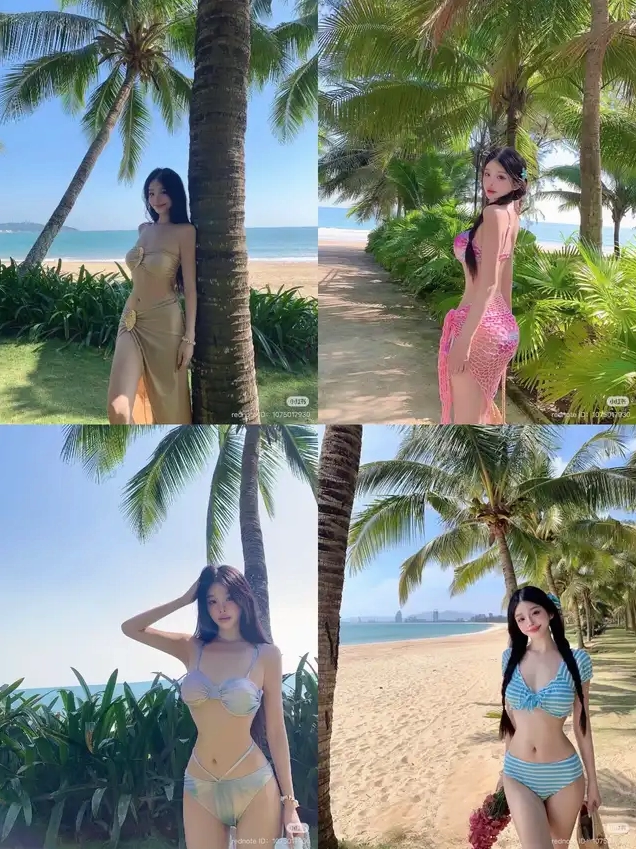 Hình ảnh tổng hợp bốn bức ảnh một cô gái tạo dáng trong các bộ bikini và đồ che phủ đi biển khác nhau