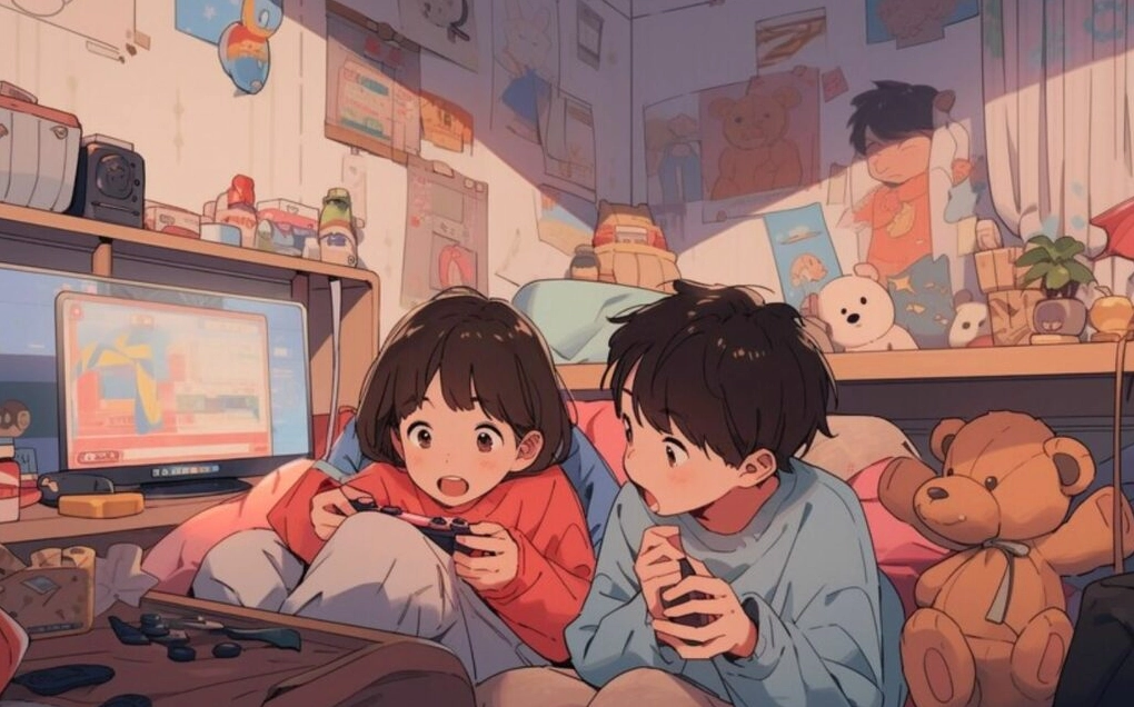 Hình nền hai bạn nhỏ chơi game trong phòng