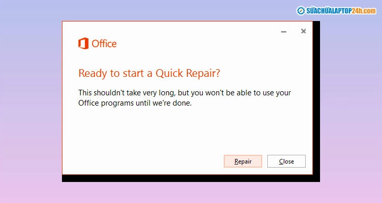 Hộp thoại sửa chữa phần mềm Microsoft Office với tùy chọn Quick Repair được chọn để khắc phục sự cố