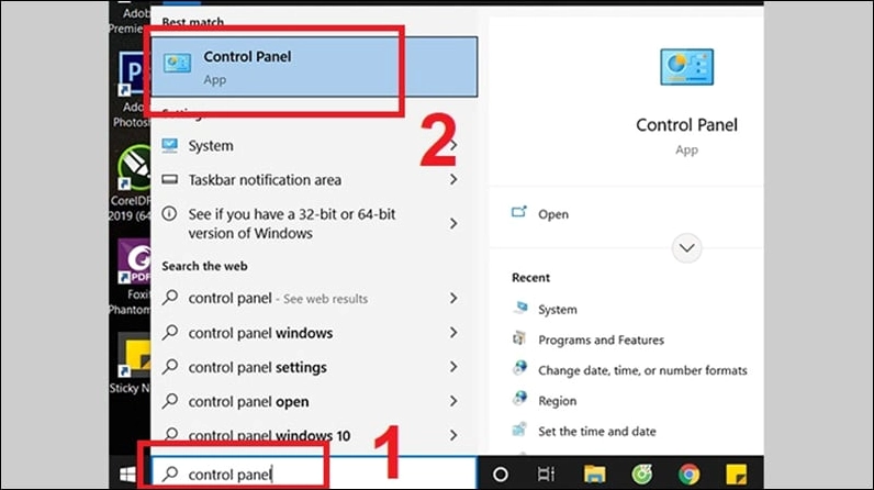 Hướng dẫn gõ chữ Control Panel vào ô tìm kiếm của Windows