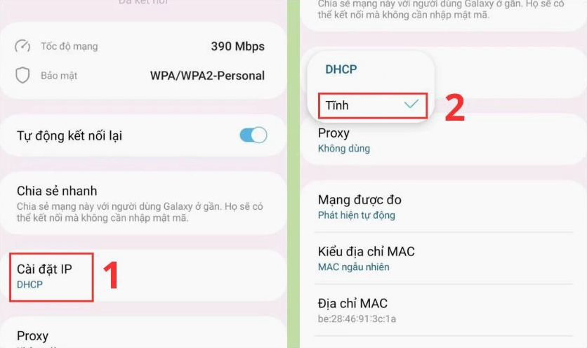 Hướng dẫn thao tác chọn vào Cài đặt IP sau đó chọn vào chế độ Tĩnh