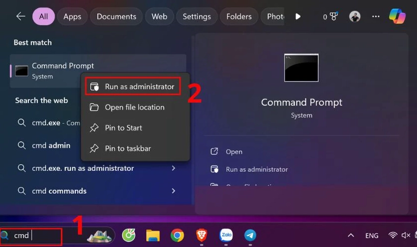 Hướng dẫn thao tác mở cửa sổ dòng lệnh Command Prompt với quyền quản trị viên trên hệ điều hành Windows