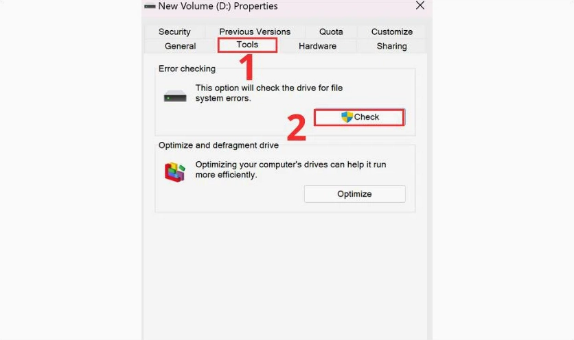 Hướng dẫn thao tác nhấp vào nút Check trong tab Tools để khởi chạy công cụ Error checking kiểm tra lỗi ổ đĩa