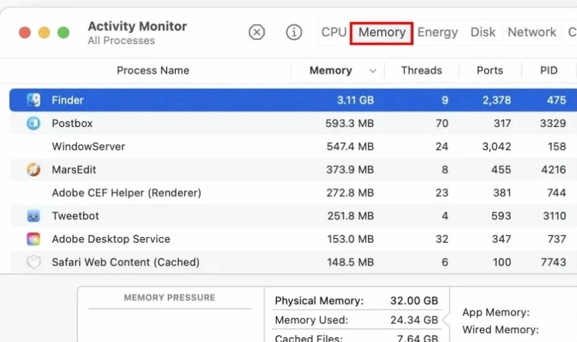 Kiểm tra tab Memory trong Activity Monitor để tìm ra các ứng dụng đang ngốn RAM trên MacBook