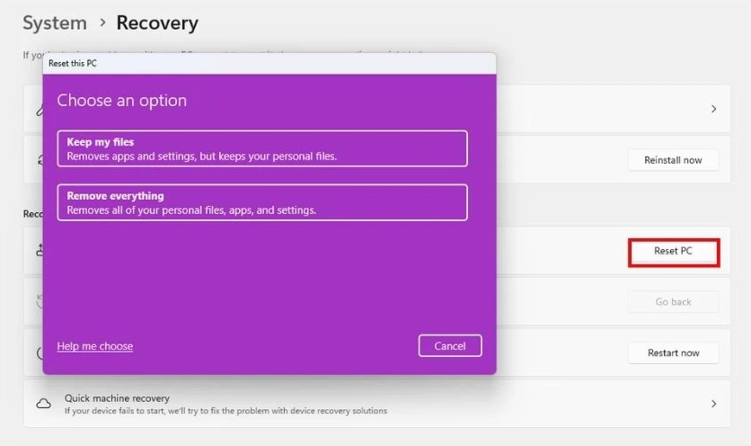 Lựa chọn giữa tùy chọn Keep my files và Remove everything khi tiến hành Reset PC