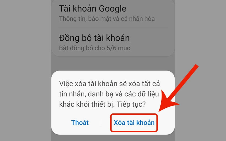 Màn hình cài đặt hiển thị thao tác nhấn chọn nút xóa tài khoản Google khỏi thiết bị