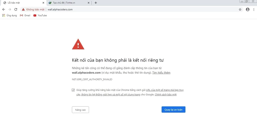 Hướng dẫn chi tiết cách sửa lỗi kết nối không an toàn trên trình duyệt nhanh chóng nhất 2 Màn hình hiển thị chi tiết lỗi kết nối của bạn không phải là kết nối riêng tư với biểu tượng cảnh báo màu đỏ