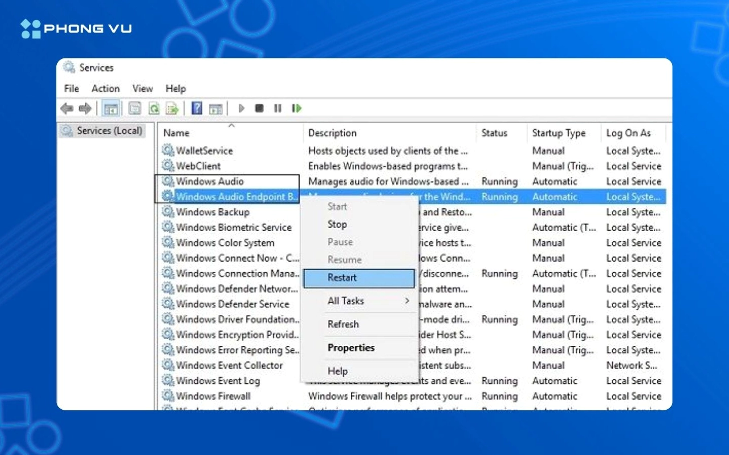 Màn hình hiển thị cửa sổ Services để tìm và khởi động lại Windows Audio