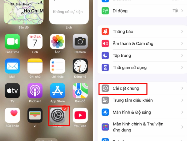 Hướng dẫn chi tiết cách sửa lỗi không đăng nhập được Zalo trên điện thoại 4 Màn hình hiển thị thao tác mở Cài đặt và chọn Cài đặt chung trên điện thoại iPhone