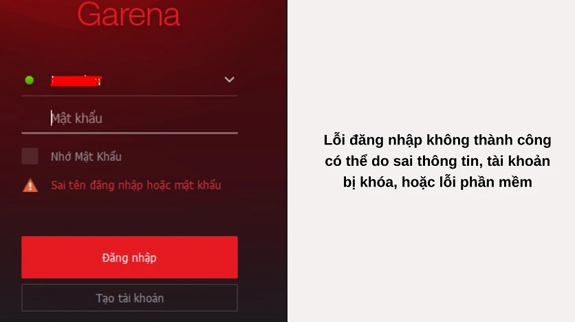 Màn hình thông báo lỗi sai tên tài khoản hoặc mật khẩu trên ứng dụng Garena