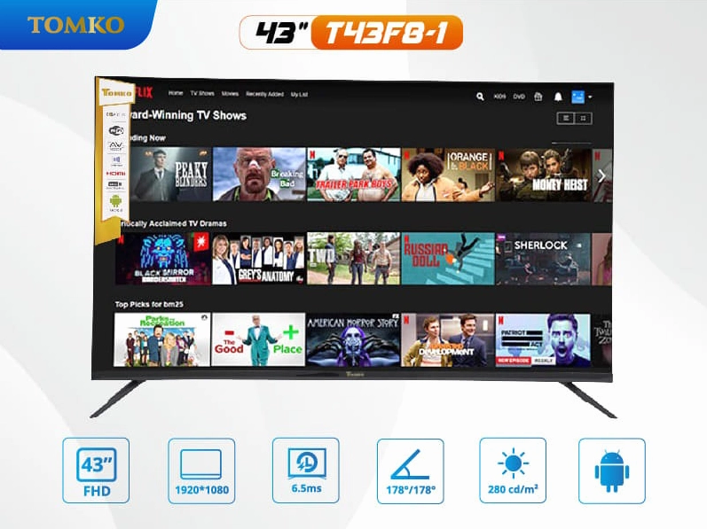 Màn hình tivi thông minh kích thước 43 inch thiết kế viền mỏng tinh tế