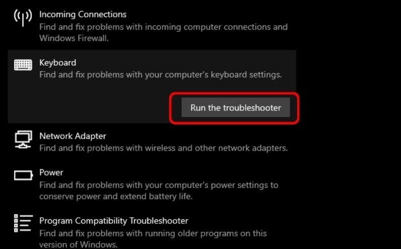 Hướng dẫn chi tiết cách reset bàn phím laptop Windows và MacBook hiệu quả 3 Màn hình Troubleshoot hiển thị mục Keyboard và nút Run the troubleshooter