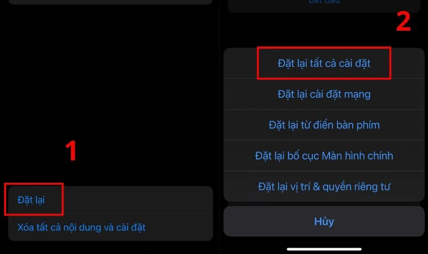 Màn hình tùy chọn Đặt lại và Đặt lại tất cả cài đặt trên iPhone