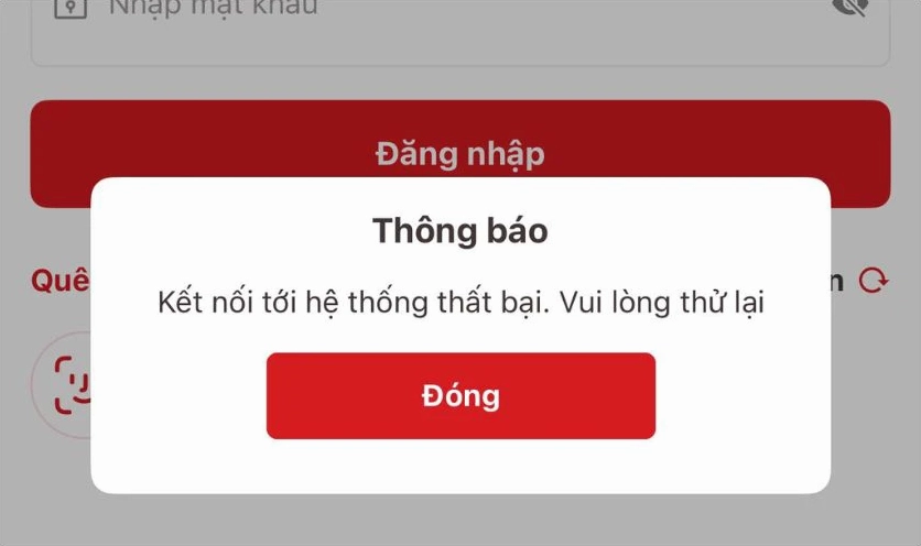 Màn hình ứng dụng thông báo lỗi hệ thống hoặc server quá tải không thể kết nối
