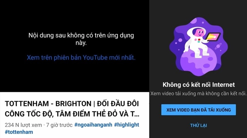 Màn hình ứng dụng YouTube Vanced hiển thị thông báo lỗi không thể kết nối hoặc đăng nhập tài khoản