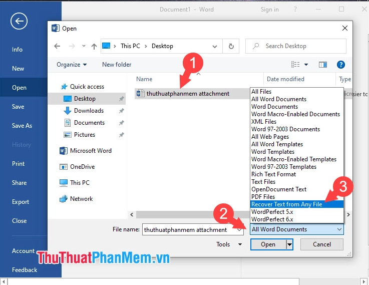 Minh họa bước chọn Recover Text from Any File trong danh sách định dạng