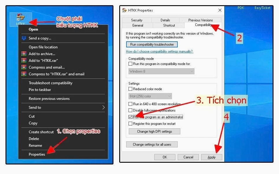 Hướng dẫn chi tiết cách sửa lỗi HTKK tự thoát cực kỳ hiệu quả 3 Minh họa cách thiết lập quyền Run as Administrator cho phần mềm HTKK