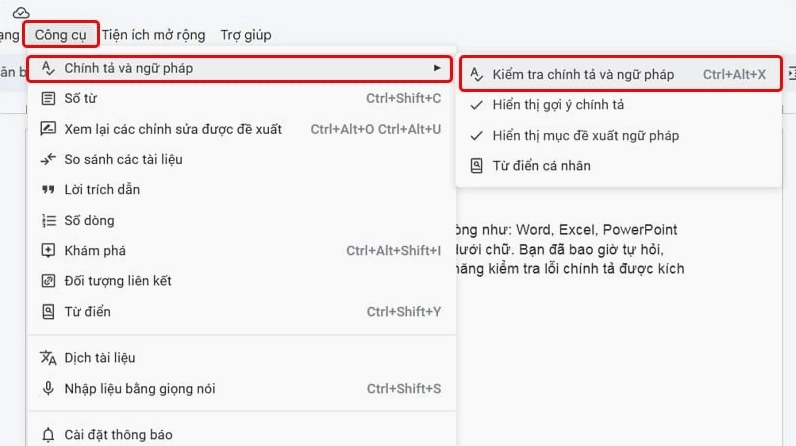 Minh họa giao diện cách tự động kiểm tra và sửa lỗi chính tả trên phần mềm Google Docs