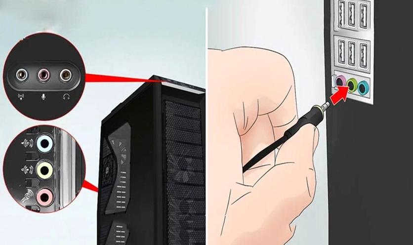 Hướng dẫn chi tiết cách mở tai nghe trên laptop đơn giản và khắc phục lỗi không nhận thiết bị 2 Minh họa vị trí các cổng cắm âm thanh màu xanh và hồng trên thùng máy tính để bàn