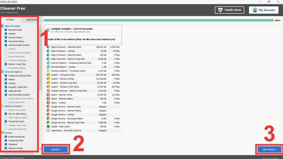 Mở CCleaner, chọn các loại file bạn muốn xóa và nhấn Analyze, sau đó nhấn Run Cleaner