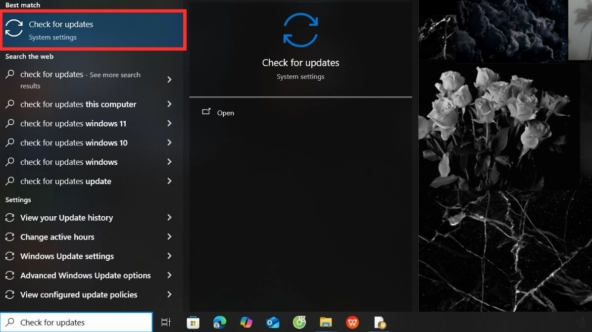 Mở Windows Update bằng cách tìm kiếm Check for updates trong Start Menu
