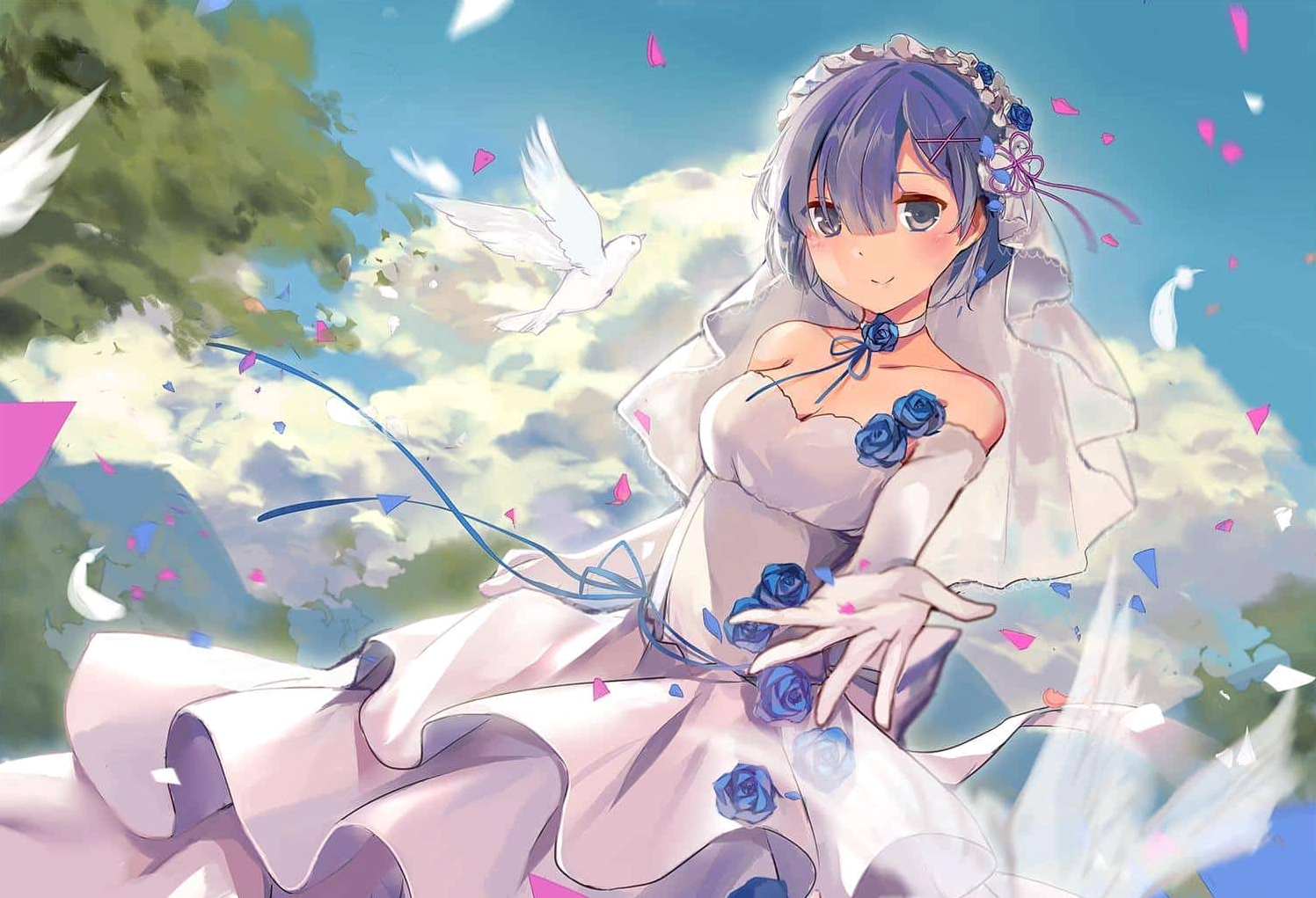 Trọn bộ ảnh gái xinh anime mặc váy ngắn siêu quyến rũ mới nhất 19 Nàng anime váy ngắn mỉm cười hiền hòa giữa đàn bồ câu bay lượn