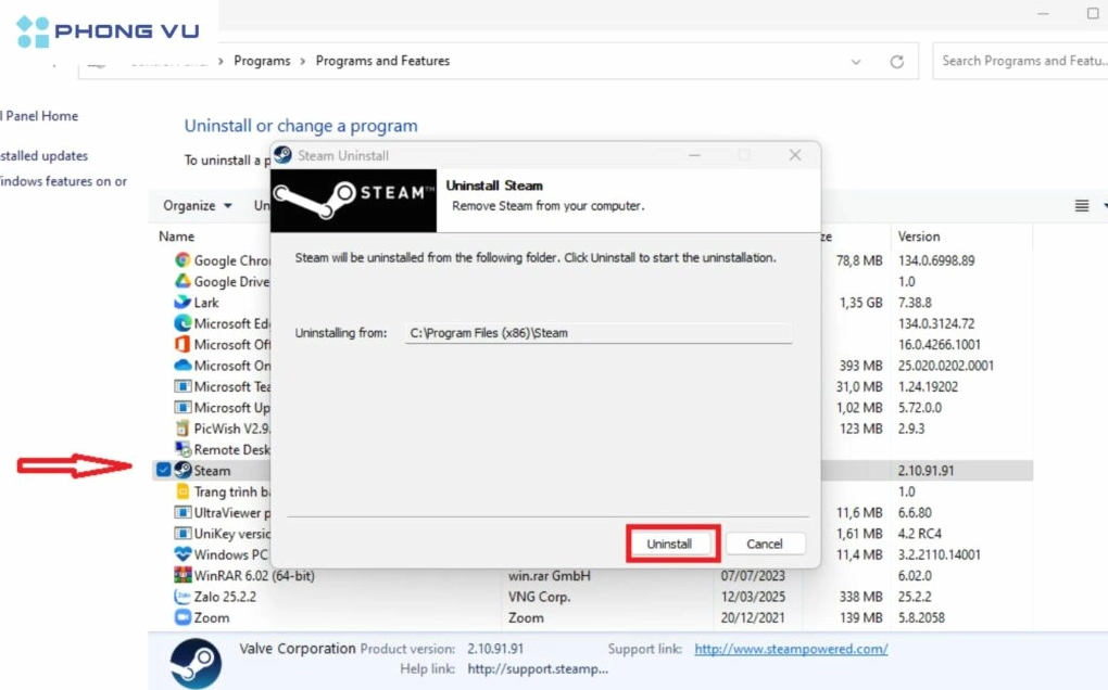 Người dùng bấm chọn vào dòng chữ Uninstall để bắt đầu quy trình gỡ cài đặt
